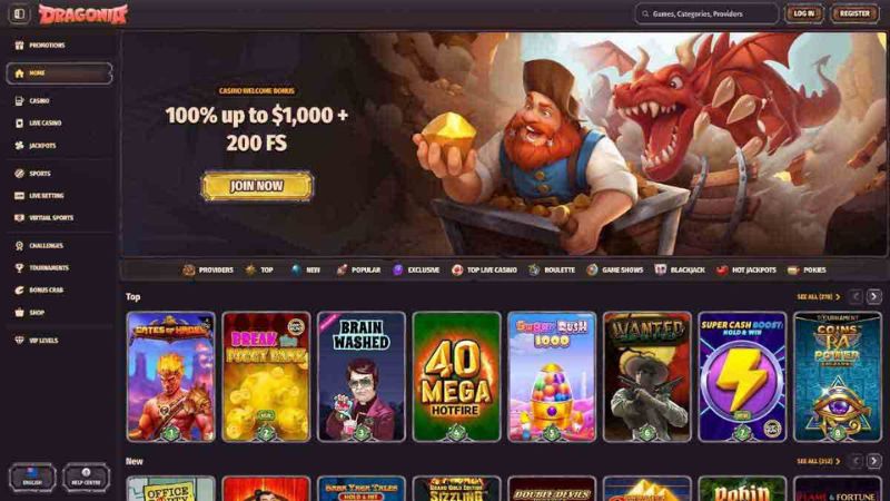 Dragonia Casino screenshot showing game lobby